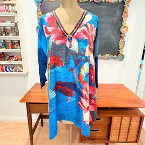 Johnny Was Tunic, Colorful Embroidered Top with Fish xs/s